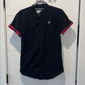 Siksilk Men's Black Button Down Shirt with Red Rose Accents